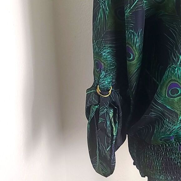 Michael Kors Green Peacock Blouse, Wide Elastic Waistband, Size Large - Picture 6 of 10